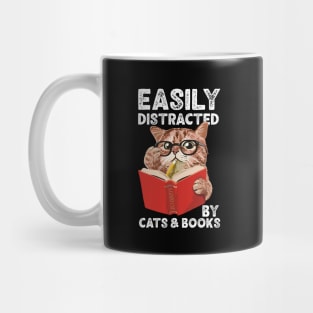 Easily Distracted by Cats and Books Funny Cat Lover Mug